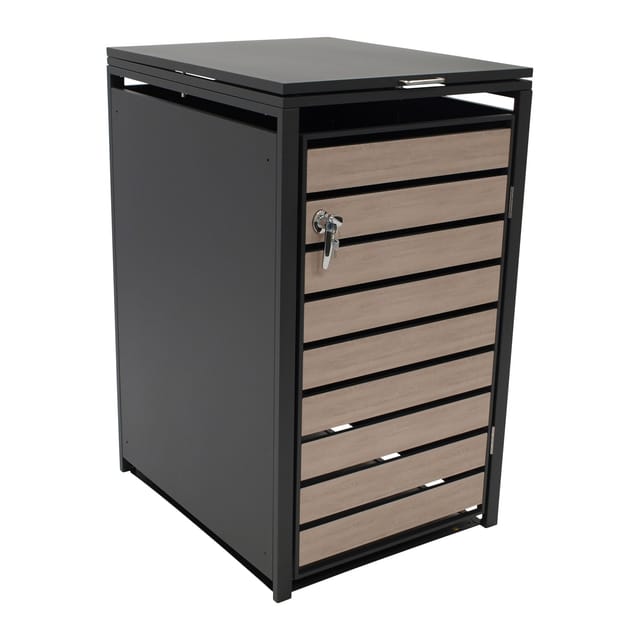 DEGAMO Mülltonnenbox 68x80x116cm für Tonnen 120 und 240 Liter, Stahl anthrazit mit Türen Holzoptik