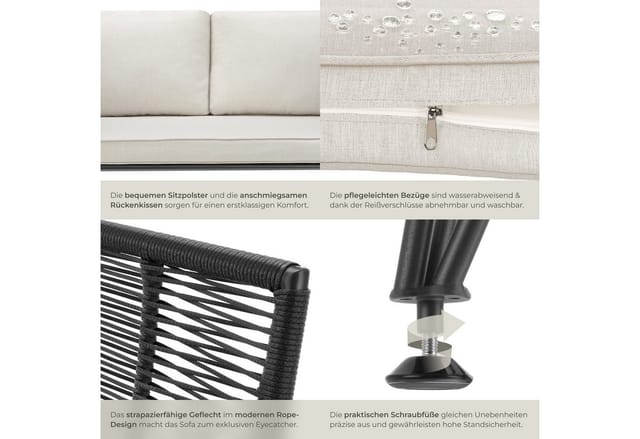 tectake® Garten-Loungeset, Polyrattan im Rope-Design, abnehmbare Polyesterbezüge, höhenverstellbare Füße