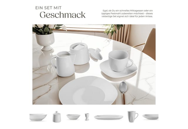 tectake® Kombiservice, für 12 Personen, aus Porzellan, mit Glasur, ineinander stapelbar