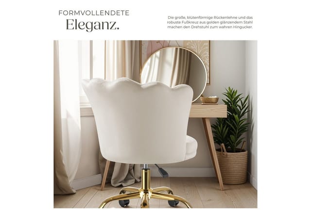 tectake® Drehstuhl, dick gepolstert, mit Samtbezug, gewölbte, extrabreite Rückenlehne in Blütenform, 65 x 64 x 78 - 88 cm, Belastbarkeit 120 kg