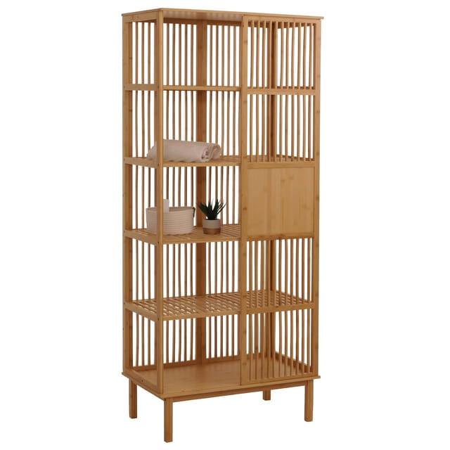 Bambus Standregal MCW-N81, Badezimmerschrank Badschrank Badregal Kommode, 5 Regalböden Schiebetür MVG 186x80x45cm