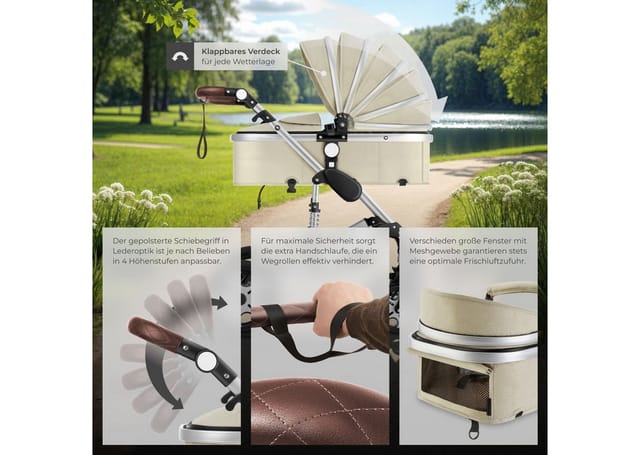 tectake® Kombi-Kinderwagen, 2 in 1, klappbar, mit 5-Punkt-Gurt, Bremse, Schutzbügel und Handschlaufe, pulverbeschichteter Aluminiumrahmen, pflegeleichter Stoffbezug, für 0 bis 36 Monate geeignet, Belastbarkeit 15 kg