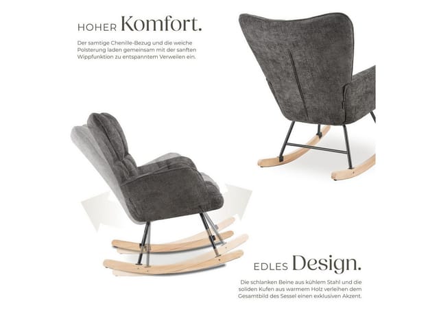 tectake® Schaukelstuhl, gepolstert, mit Chenille-Bezug, gesteppt, stabiles Stahlgestell, 68 x 96 x 97 cm, Belastbarkeit 120 kg