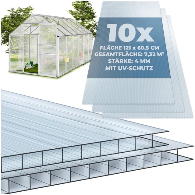 tectake® 10er Set Doppelstegplatten, 7,32 m² Gesamtfläche, individuell zuschneidbar, wärmedämmend, temperaturresistent, 121 x 60,5 x 0,4 cm je Platte