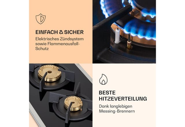 Goldflame Domino Prime Gaskochfeld 2-flammig Messing-Brenner Glaskeramik Schwarz