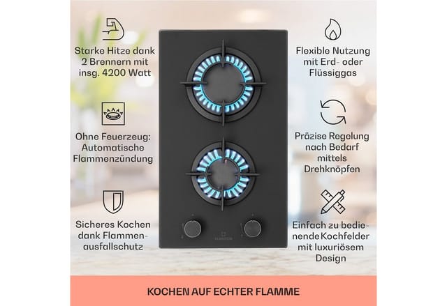 Firetale Gaskochfeld 2-flammig Aluminium-Brenner Erdgas/Propangas inkl. Schlauch und Druckminderer Schwarz 2 Brenner