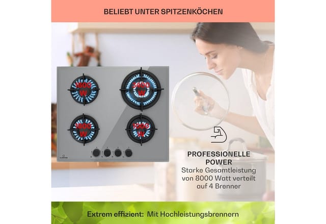 Firetale Gaskochfeld 4-flammig 60 cm Aluminium-Brenner inkl. Schlauch und Druckminderer Grau 4 Brenner