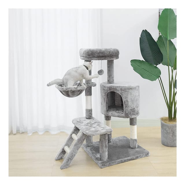 NYVI Katzen Kratzbaum Figaro 102 cm Grau - Deluxe Katzenbaum mit Katzenhöhle, Hängematte, Plattform, Katzenspielzeug und Sisal Kratzsäule