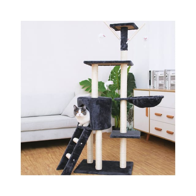 NYVI Katzen Kratzbaum Simba 142 cm Dunkelgrau - Deluxe Katzenbaum mit Katzenhöhle, Spielzeug, Plattform, Sisal Kratzsäule und Hängematte