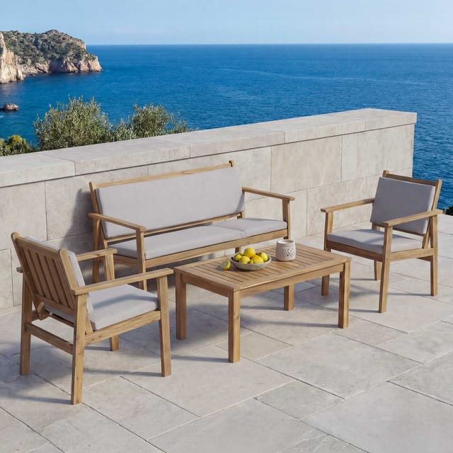 Garten-Garnitur MCW-O19, Lounge-Set Sitzgruppe Bank Sessel Tisch, Holz Akazie MVG Stoff/Textil (180g/m²) ~ Kissen grau