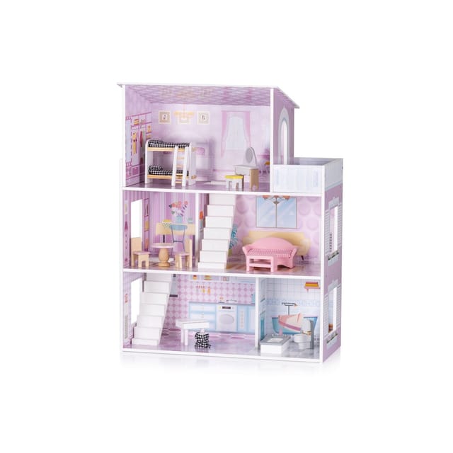 Chipolino Holz-Puppenhaus 12-teiliges Möbel-Set, Treppen, 3-Ebenen, ab 3 Jahren rosa