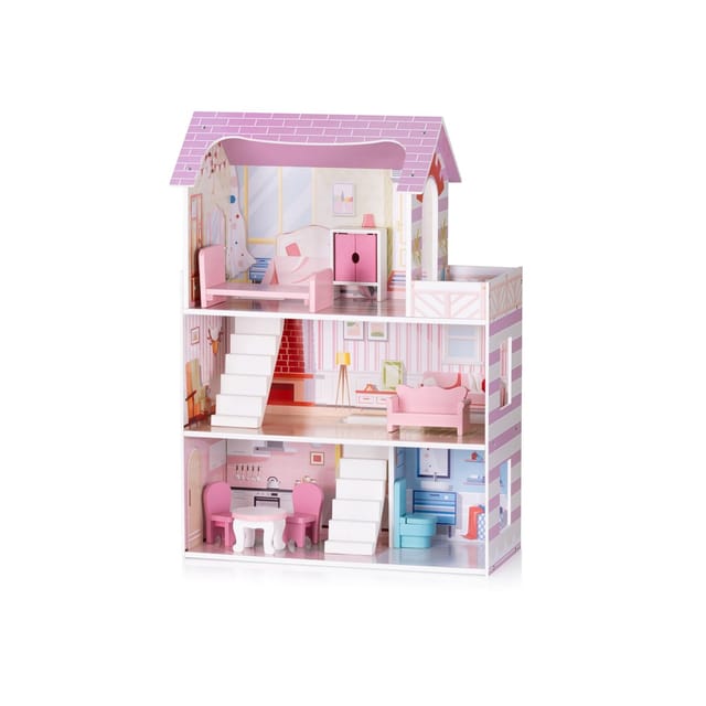 Chipolino Holz-Puppenhaus 7-teilig Balkon, Stühle, Tisch, Bett, Sofa, Schrank rosa