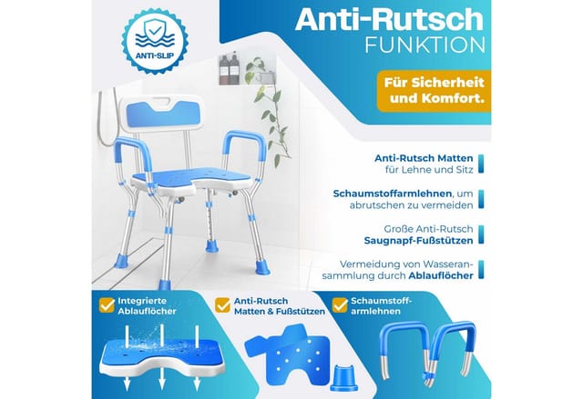 KESSER® Duschhocker mit Lehne höhenverstellbar in 6 Stufen 38-54cm Badhocker 150KG belastbar Duschstuhl Anti-Rutsch Füße & Matten Duschhilfe Senioren & Schwangere Duschsitz mit Brausehalterung