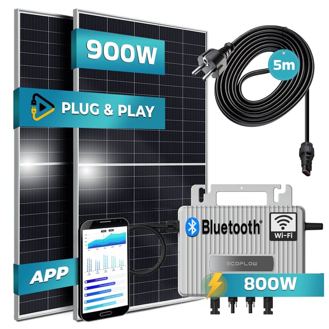 SUNNIVA® 900W Balkonkraftwerk 800W komplett Steckdose - Ecoflow Stream 800W Wechselrichter - PV Solaranlage Komplettset - 2x 450W (900W) Solarmodule - inkl. 5m Kabel - Bluetooth, WIFI
