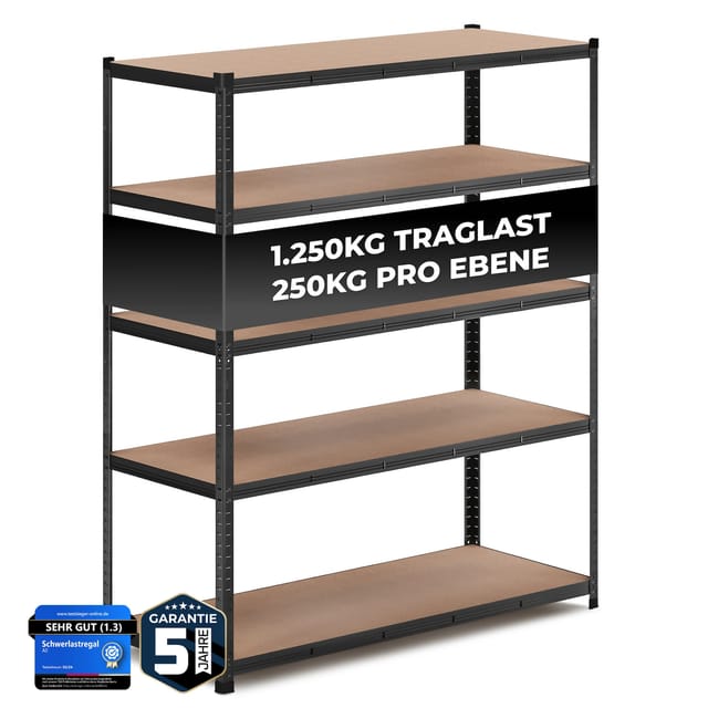 ALL Premium Schwerlastregal 180x150x60cm Schwarz – Bis 1250 kg belastbar, höhenverstellbar, Stecksystem, ideal für Lager, Garage & Keller