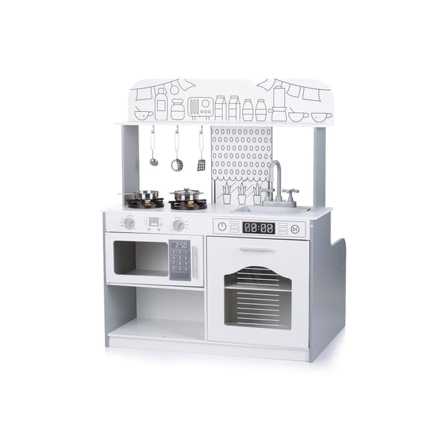 Chipolino Kinderküche 2 in 1 Tisch, Hocker, Küchenutensilien, Töpfe, Mikrowelle weiß