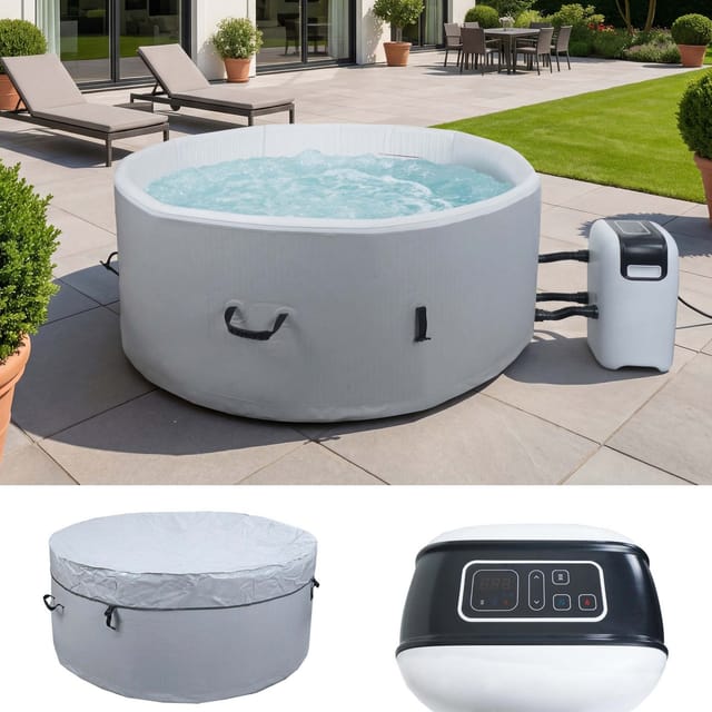 Whirlpool MCW-N97, 4 Personen, In-/Outdoor heizbar aufblasbar Pumpe Dropstitch-Gewebe, rund Ø150cm grau-weiß