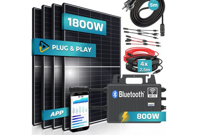 SUNNIVA® 1800W Balkonkraftwerk 800W komplett Steckdose - TSUN 800W Wechselrichter - PV Solaranlage Komplettset - 4x 450W (1800W) Solarmodule - inkl. 5m Kabel - Bluetooth, WIFI