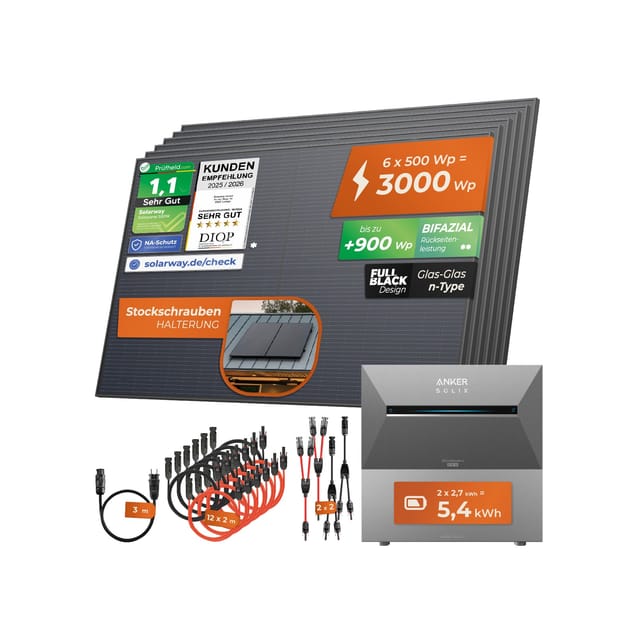 Solarway® All In One Balkonkraftwerk mit Speicher 3000W komplett Steckdose - 5,4 kWh Anker Solix 3 PRO Speicher - Solaranlage Komplettset - 500W bifaziale Solarmodule & Anker Speicher & Zubehör