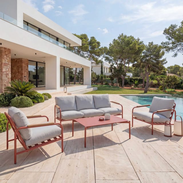 Aluminium-Gartengarnitur MCW-O11, Outdoor 3-Sitzer Sitzbank Sessel Sofa, Olefin (205 g/m²) ~ terrakotta Polster beige