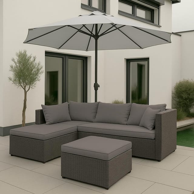 Poly-Rattan Garnitur MCW-O46, Balkon-/Garten-/Lounge-Set Sofa Sitzgruppe ~ grau Polster hellgrau
