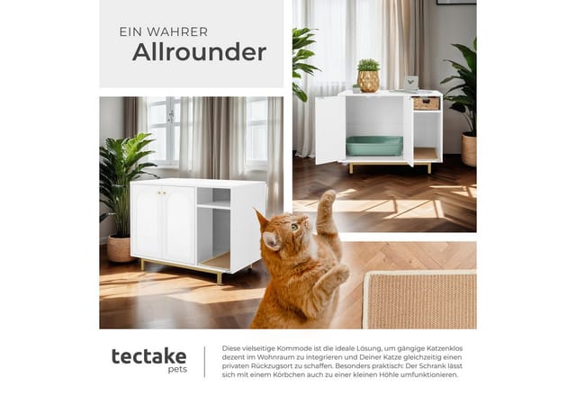 tectake® Katzenschrank, seitlicher Eingang, hohe Beine, kleines Staufach, inklusive Kratzmatte, 80 x 52 x 61,5 cm