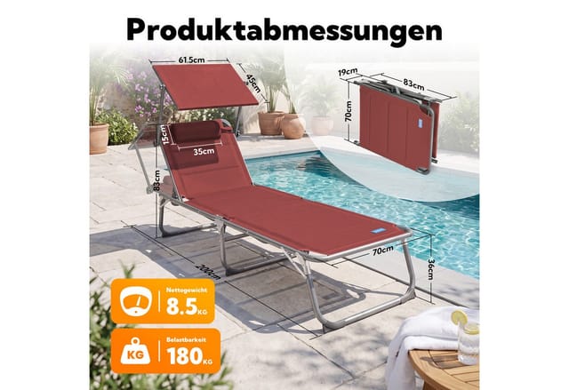 HOMECALL Klappbar-Gartenliege Sonnenliege Liegestuhl, Textilene Mit Dickem Schwamm, Mit Verstellbare Rückenlehne, bis 180KG, Rot