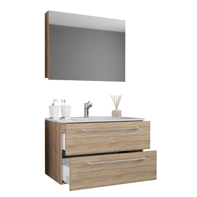 VCM 3-tlg. Waschplatz Waschtisch Waschbecken Unterschrank Breite 80 cm Badmöbel Set mit Schubladen Drehtüren Spiegelschrank Badinos