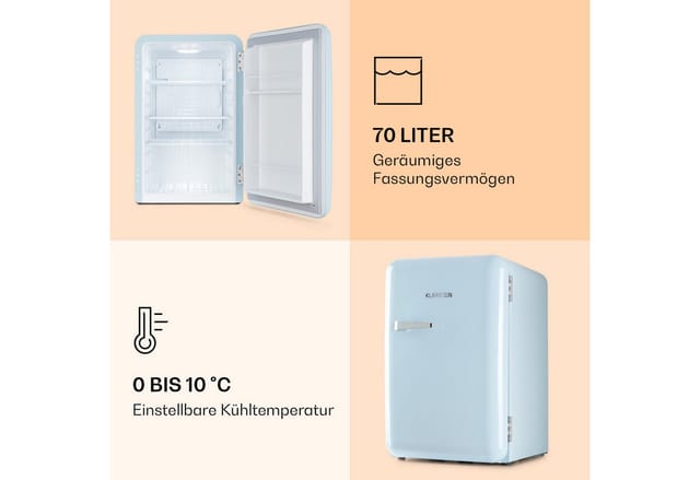 Audrey Retro-Kühlschrank 70 Liter 3 Regale 2 Türfächer Innenbeleuchtung Pastellblau 70 Liter