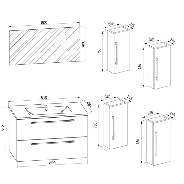 VCM 5-tlg. Waschplatz Waschtisch Waschbecken Unterschrank Breite 80 cm Badmöbel Set mit Schubladen Drehtüren Spiegel Badinos