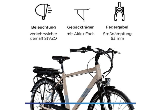 Zündapp Z807 E Bike 28 Zoll Trekkingrad Herren 155 - 185 cm Elektrofahrrad mit 7 Gang beige/grün
