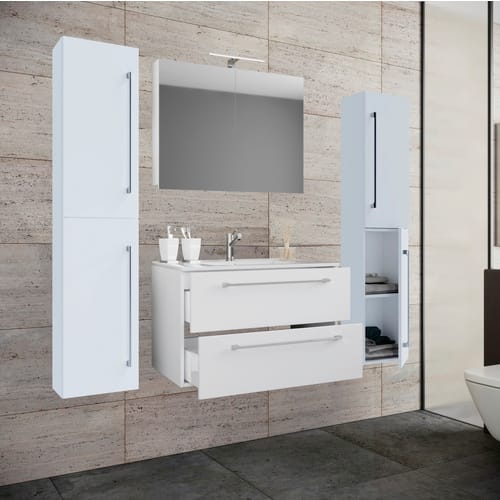 VCM 5-tlg. Waschplatz Waschtisch Waschbecken Unterschrank Breite 80 cm Badmöbel Set mit Schubladen Drehtüren Spiegelschrank Badinos