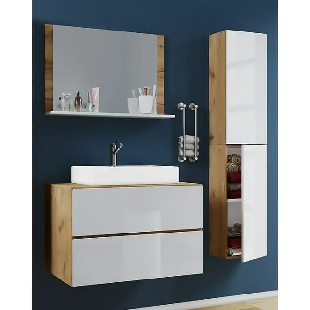 VCM 4-tlg. Waschplatz Waschtisch Waschbecken Unterschrank Breite 80 cm Badmöbel Set mit Schubladen Drehtüren Spiegel Lendas L