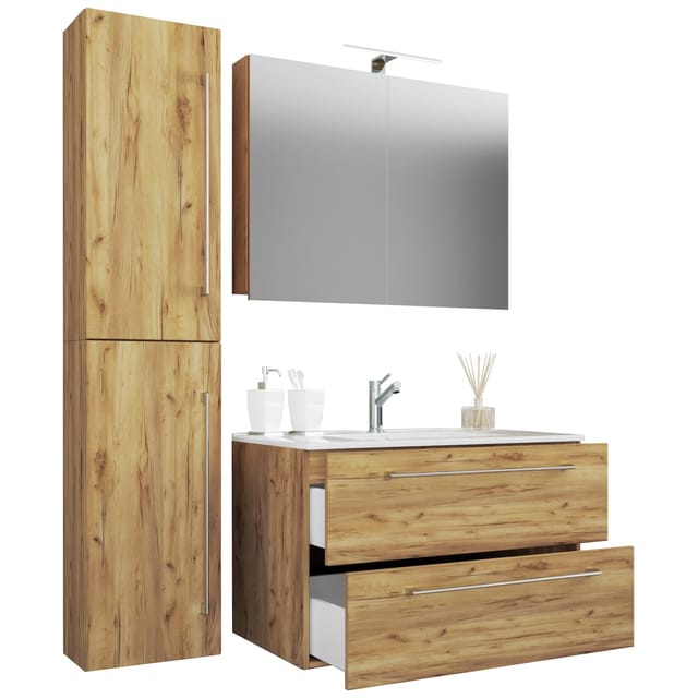 VCM 4-tlg. Waschplatz Waschtisch Waschbecken Unterschrank Breite 80 cm Badmöbel Set mit Schubladen Drehtüren Spiegelschrank Badinos