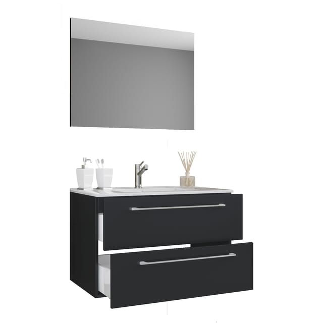 VCM 3-tlg. Waschplatz Waschtisch Waschbecken Unterschrank Breite 80 cm Badmöbel Set hängend mit einer Schublade Spiegel Badinos