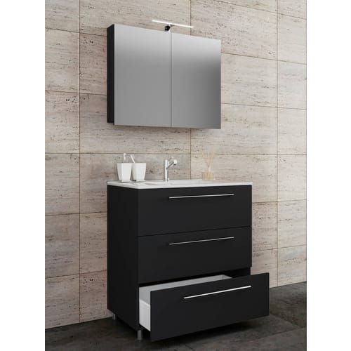 VCM 3-tlg. Waschplatz Waschtisch Waschbecken Unterschrank Breite 80 cm Badmöbel Set stehend mit drei Schubladen Spiegelschrank Badinos