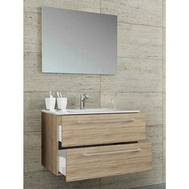 VCM 3-tlg. Waschplatz Waschtisch Waschbecken Unterschrank Breite 80 cm Badmöbel Set hängend mit zwei Schubladen Spiegel Badinos