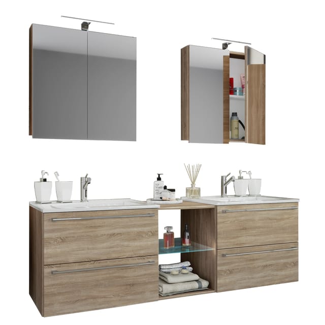 VCM 3-tlg. Set 2 Waschtisch, 2 Spiegelschrank, 2 Waschbecken, 1 Mittelfach Keramik Waschbecken Unterschrank 195 cm Badmöbel Set Doppel Waschplatz - Badinos XXL