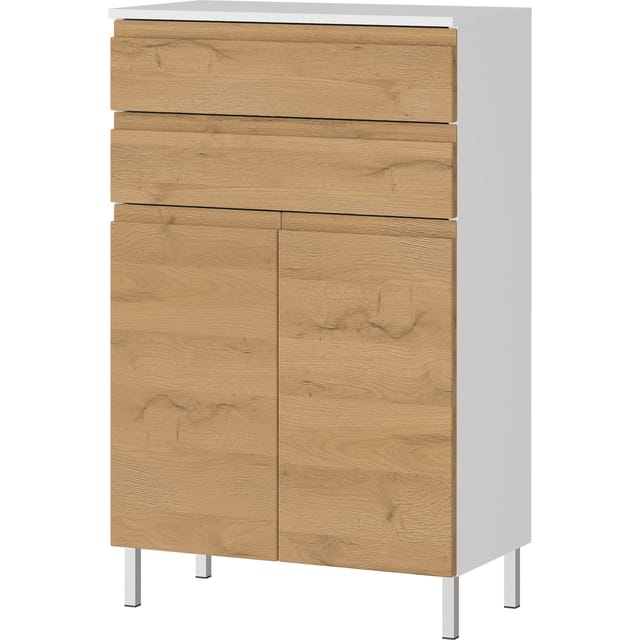 Stauraumkommode, Badschrank mit Schubladen, 60x34x97, in Weiß und Grandson-Eiche, Chromfüße, Grifflose, "Veer"-Serie Kadima Design