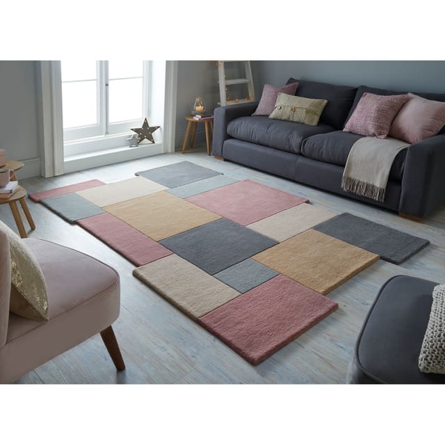 Handgetufteter Wollteppich "Thames Eva" - Geometrisch & Modern. Farbe: Grau-Rosa, 150x240 cm Kadima Design