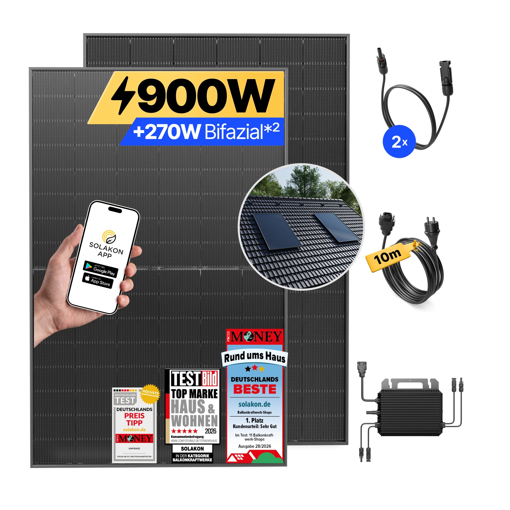 Balkonkraftwerk 900W/800W Solaranlage mit Dach Halterung (Einzelmontage) Halterung Steckerfertig WIFI Komplettset Photovoltaik Anlage 800W, Kabellänge: 10m