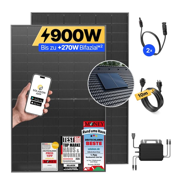 Balkonkraftwerk 900W/800W Solaranlage mit Dach Halterung (Paarmontage) Halterung Steckerfertig WIFI Komplettset Photovoltaik Anlage 800W, Kabellänge: 10m