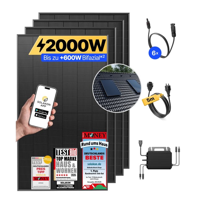 Balkonkraftwerk 2000W/800W Solaranlage mit Dach Halterung (Einzelmontage) Halterung Steckerfertig WIFI Komplettset Photovoltaik Anlage 800W, Kabellänge: 5m