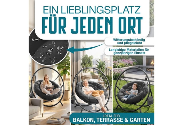KESSER® Hängesessel mit Gestell BALI Hängeschaukel Hängestuhl bis 150kg für Indoor und Outdoor + Kissen & Seitentasche Hängekorb Stahlgestell & Schaumstoff Sitzpolster ideal für Wohnzimmer & Garten