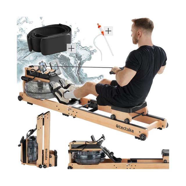 tectake® Holzrudergerät, aus massiver Buche, klappbar, 6-fach verstellbare Pedale, mit LCD-Anzeige, flexibler Handyhalterung und Bluetooth