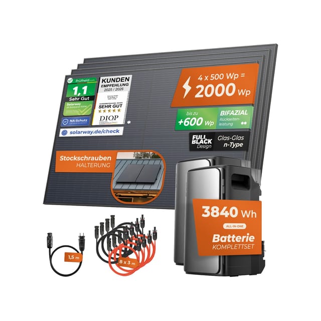 Solarway® 2000Wp / 800W Balkonkraftwerk mit 3,8kWh Speicher komplett Steckdose - 3,8 kWh EcoFlow STREAM Ultra + AC Pro - Solaranlage Komplettset - 500W Solarmodule & EcoFlow Speicher & Zubehör