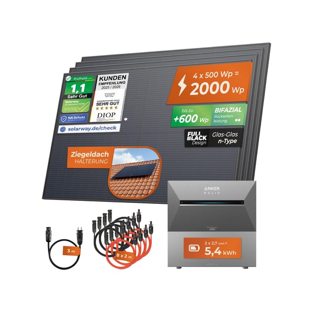 Solarway® 2000Wp / 800W / 5,4kWh Balkonkraftwerk mit Speicher komplett Steckdose - 5,4kWh Anker SOLIX 3 PRO Speicher - Solaranlage Komplettset - 500W Solarmodule & Anker Speicher & Zubehör