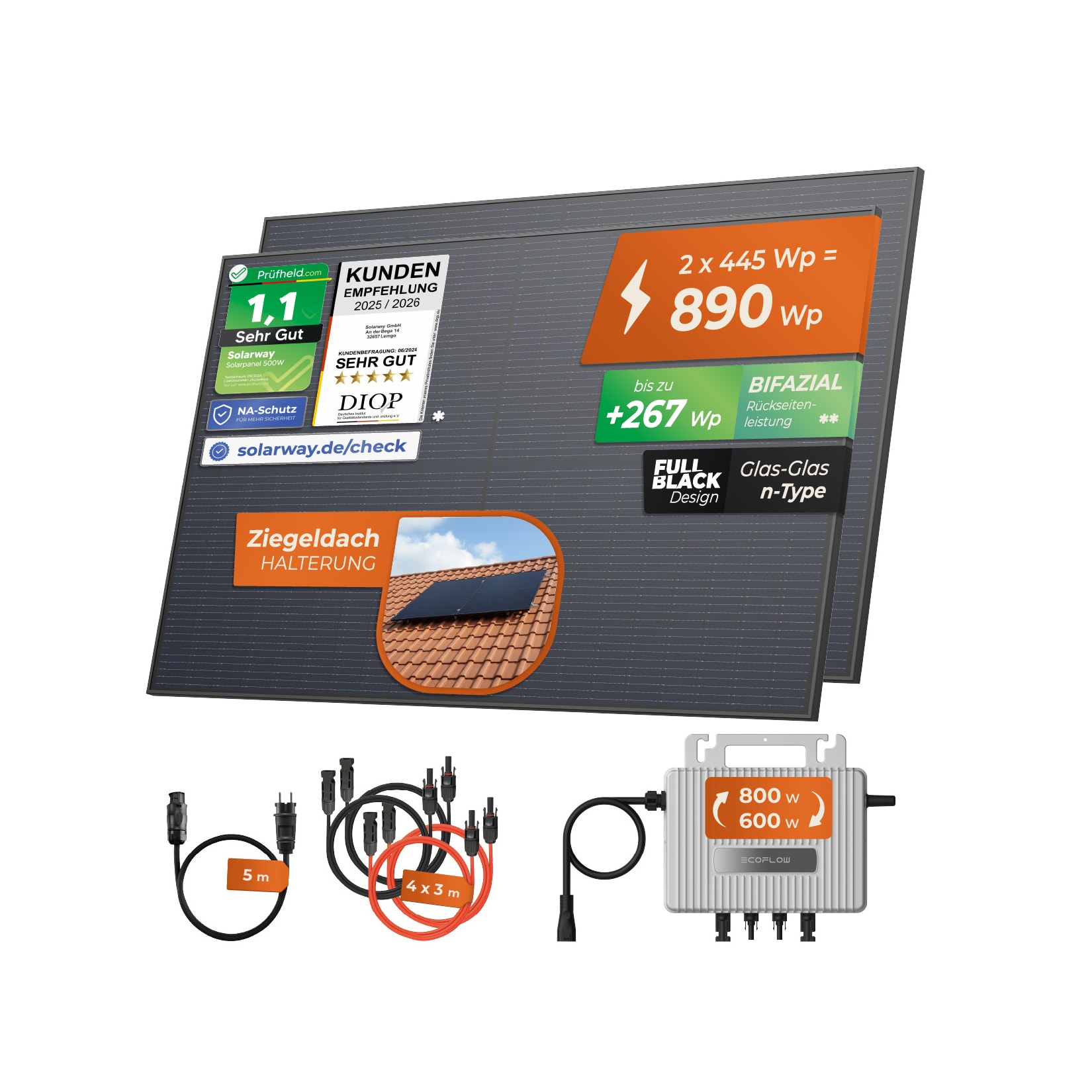 Solarway® 890Wp / 800W Balkonkraftwerk komplett Steckdose - neuester EcoFlow Stream 800 Watt Wechselrichter - Solaranlage Komplettset - 445W bifaziale Solarmodule & EcoFlow & Zubehör