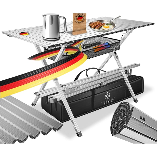 KESSER® Campingtisch faltbar Klapptisch mit Aluminiumrahmen Aufrollbare Tischplatte Falttisch klappbar 145x70x70cm bis 100kg inkl. Tragetasche mit Trageband & Netztasche