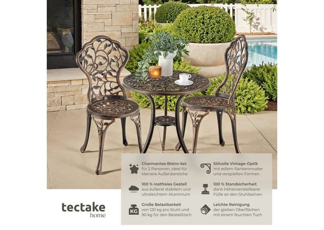 tectake® Aluminium Bistroset, für 2 Personen, im Vintage-Design, verspieltes Rankenmuster, Stühle mit höhenverstellbaren Kunststofffüßen